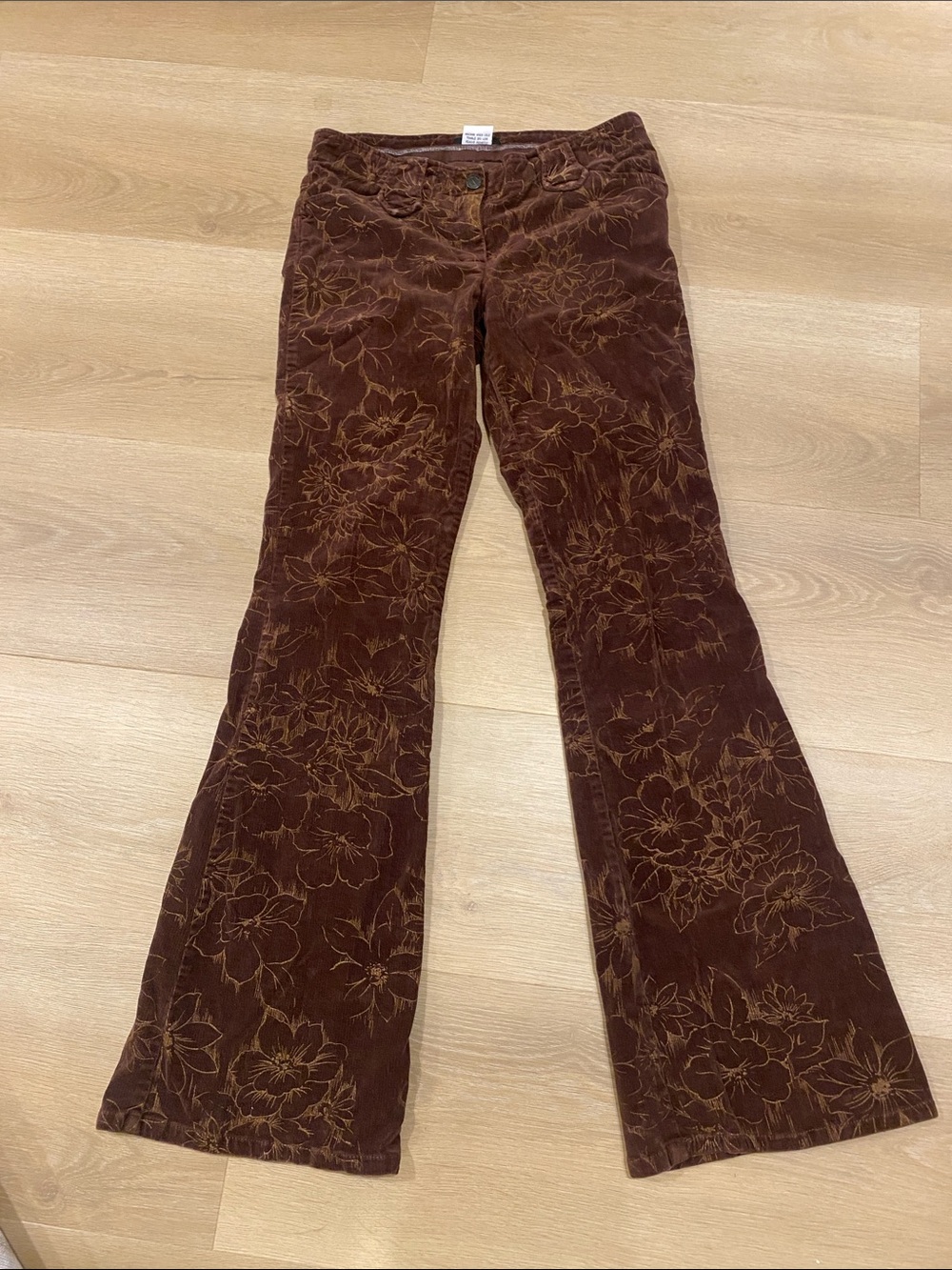 Y2K Zinc Velvet Brown Bell Bottom Floral Detail Pants Size 5